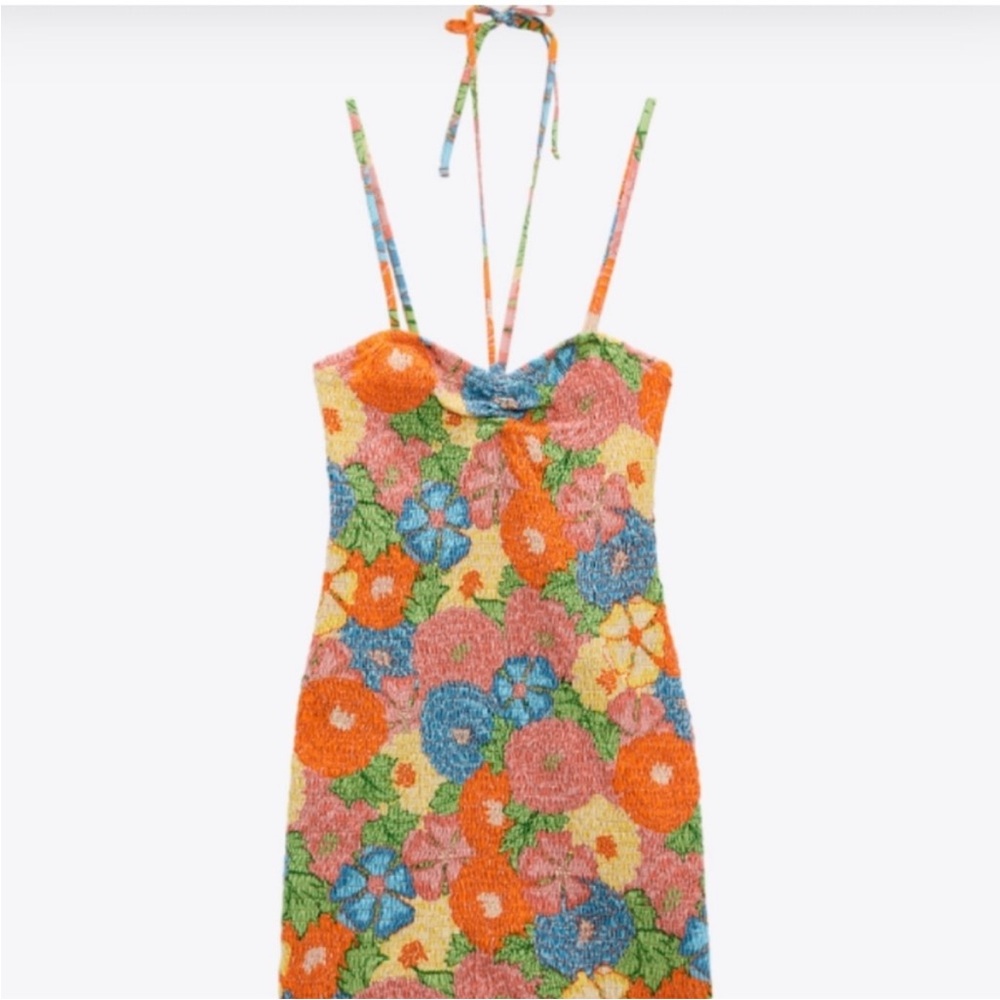 ZARA Ruched Floral Multicolor Halter Dress